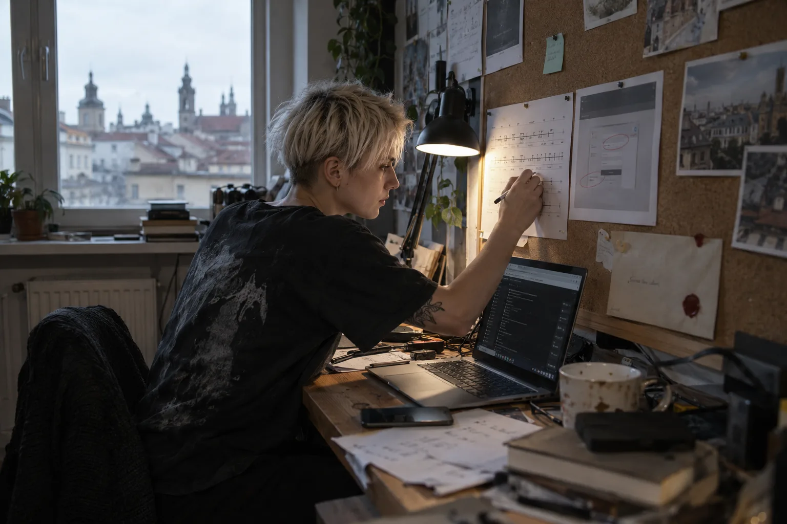 Security founder marking a disclosure timeline on the wall above her laptop late in the day