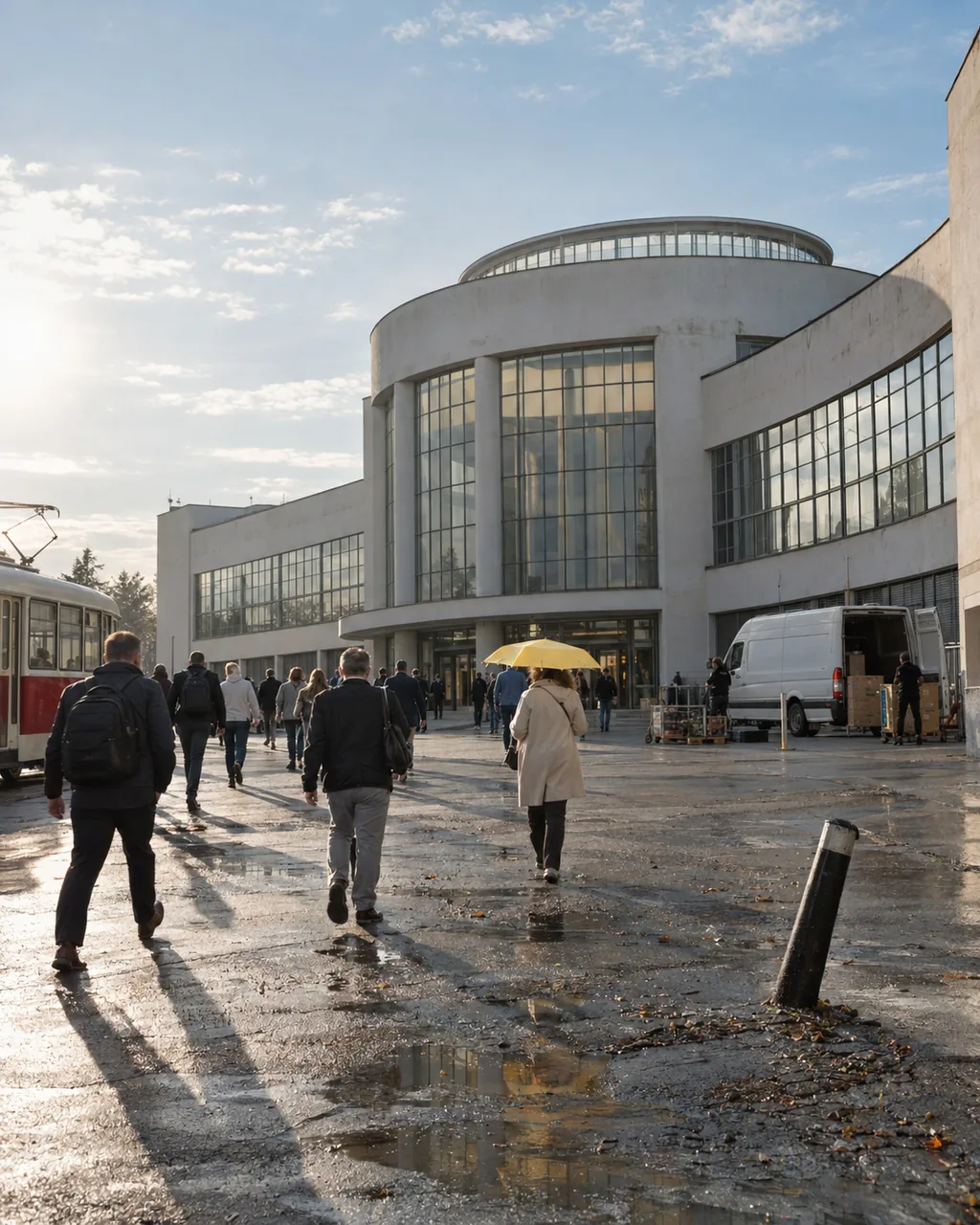 Morning crowd walking toward the white curved Pavilion A at the Brno exhibition grounds