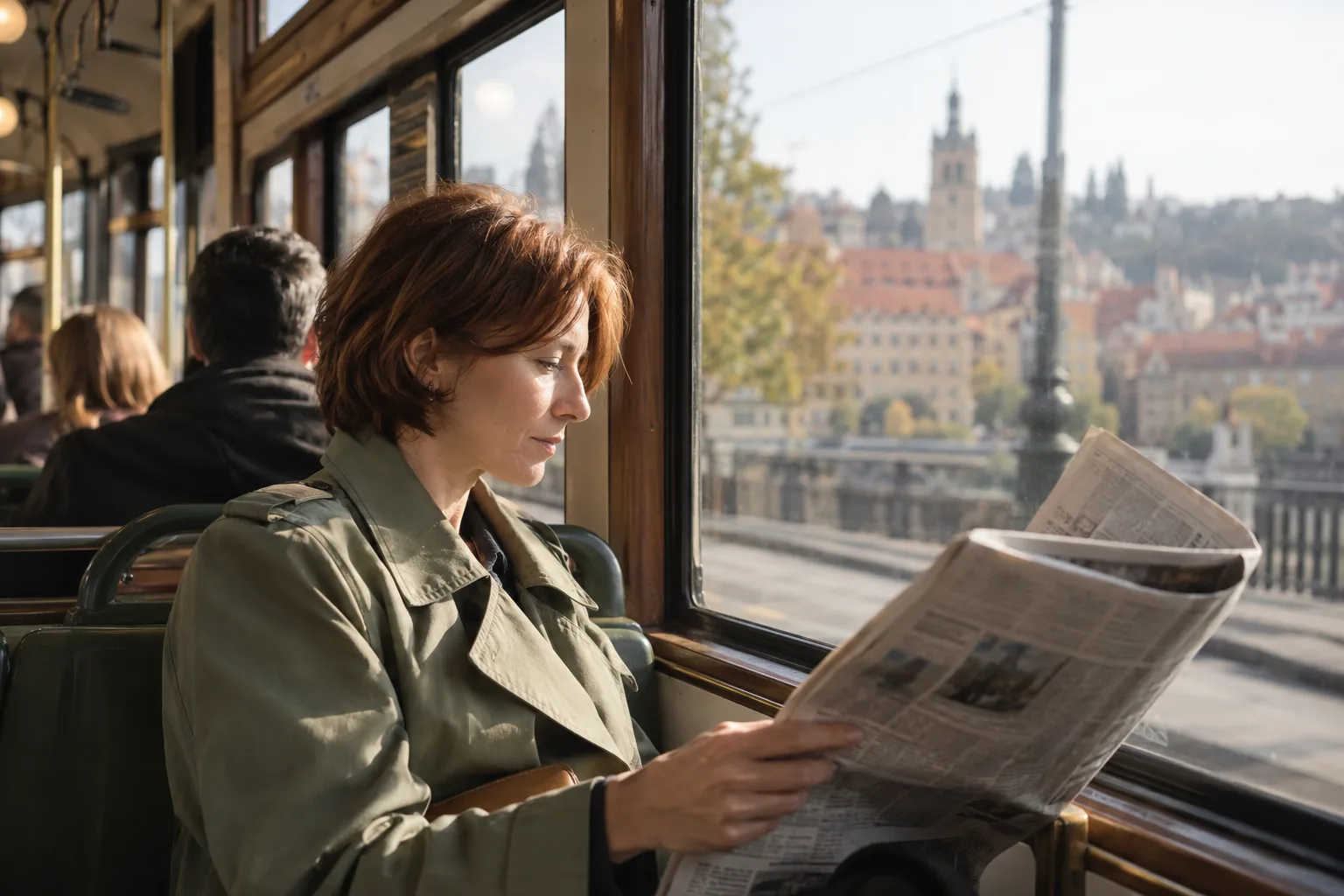 A commuter reading a business newspaper on a Prague tram