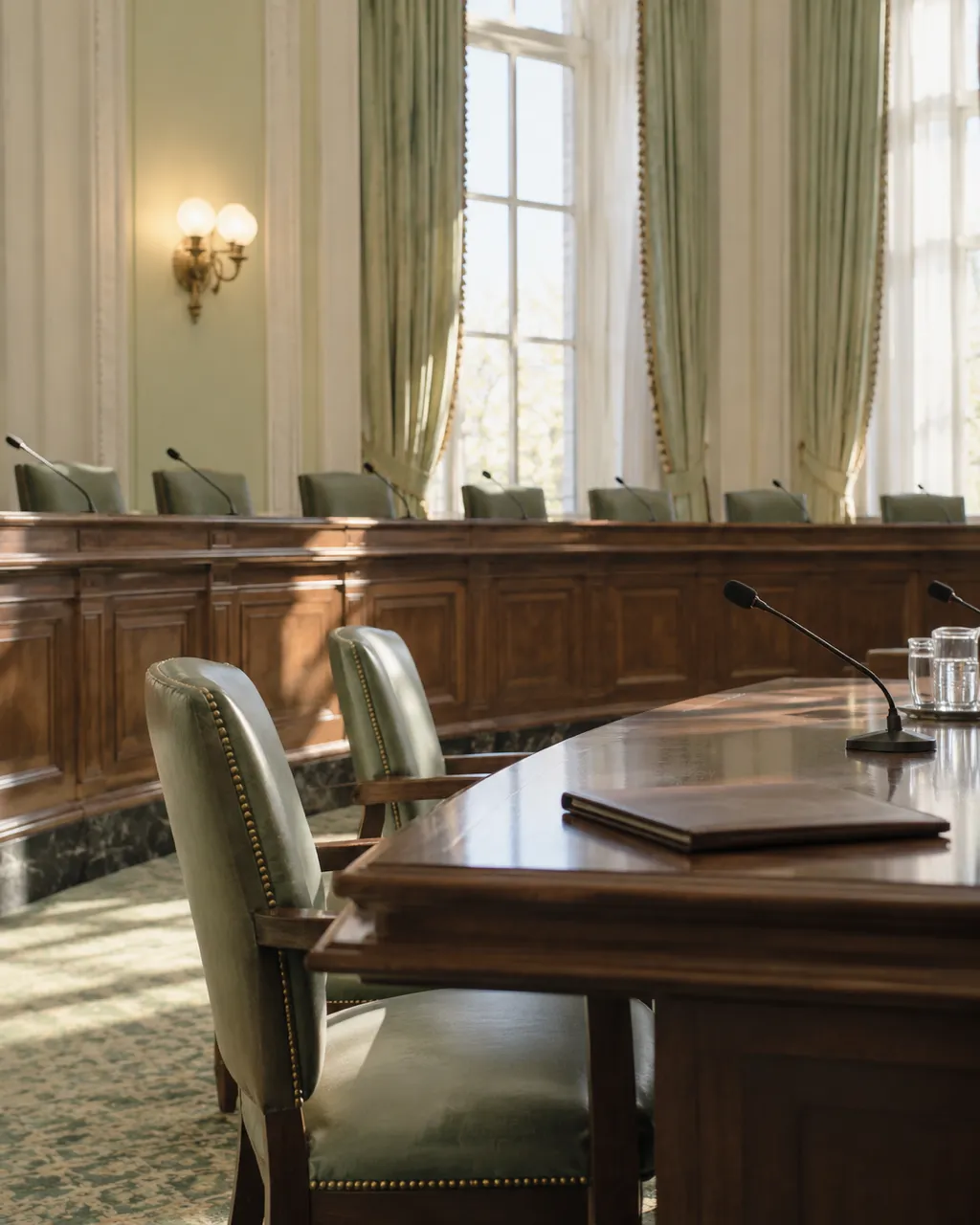 Empty committee hearing room with a dais and microphones