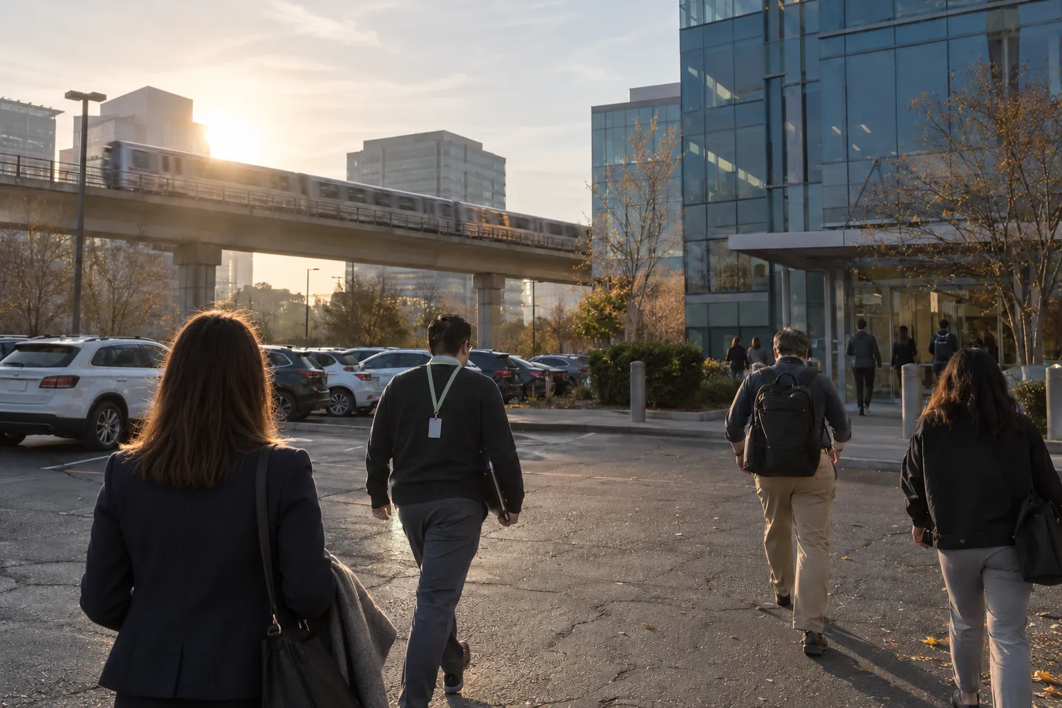 Contractors with badges walking from the Silver Line to a Tysons office park at sunrise