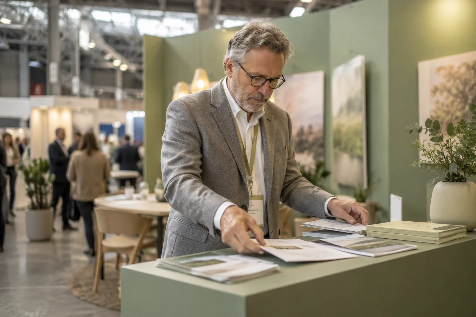 A communications manager laying out fact sheets on a trade fair stand