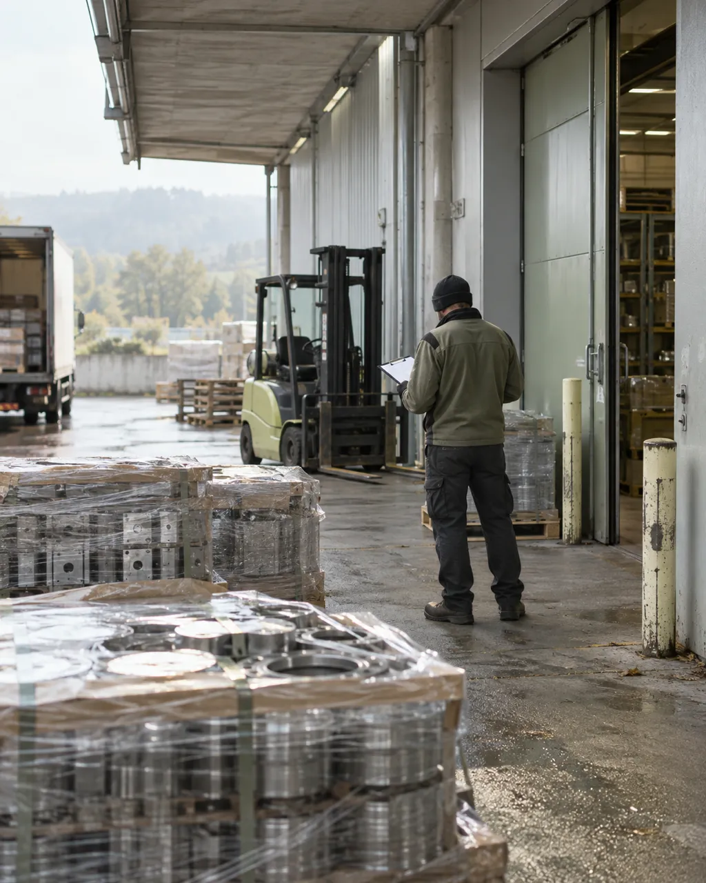 Loading dock of an industrial supplier with pallets of machined parts