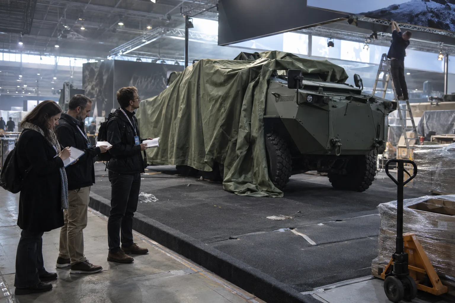 Reporters with notebooks waiting by a half covered armoured vehicle on an expo stand before opening