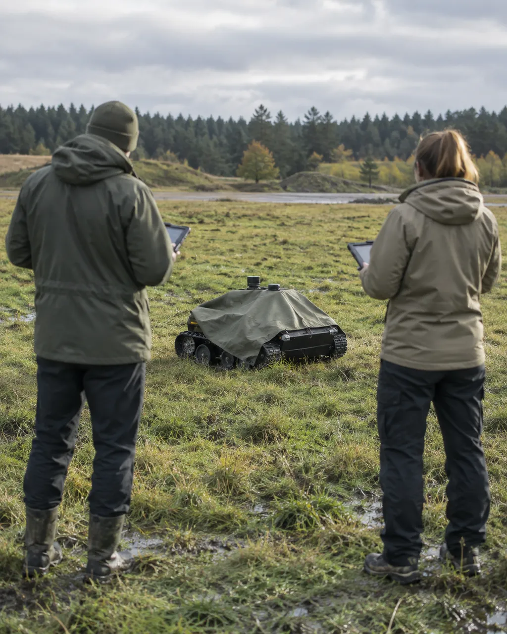 Small ground robot under a tarp on an overcast test field