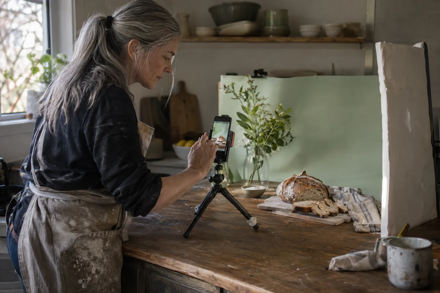 Founder photographing her bread on a phone tripod with a foam board reflector in her kitchen