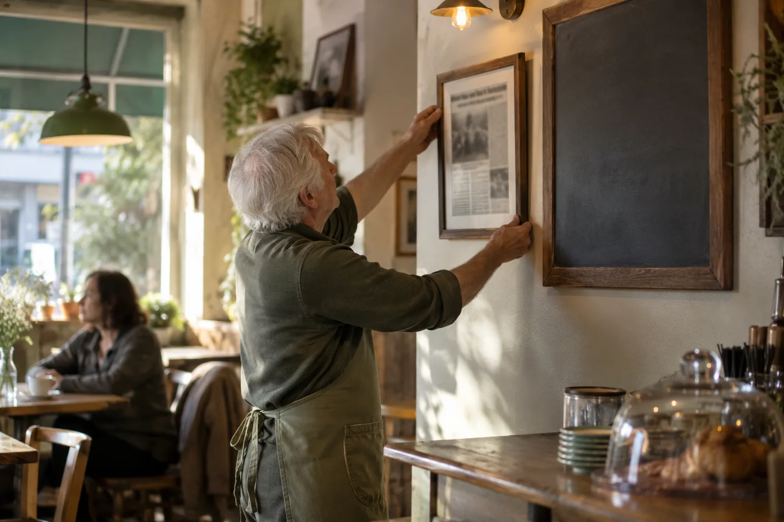 A cafe owner hanging a framed newspaper clipping on the wall
