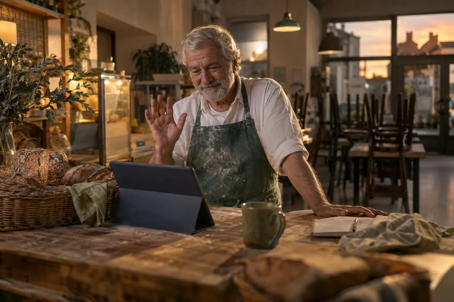 A bakery owner on a video call at the shop counter after closing