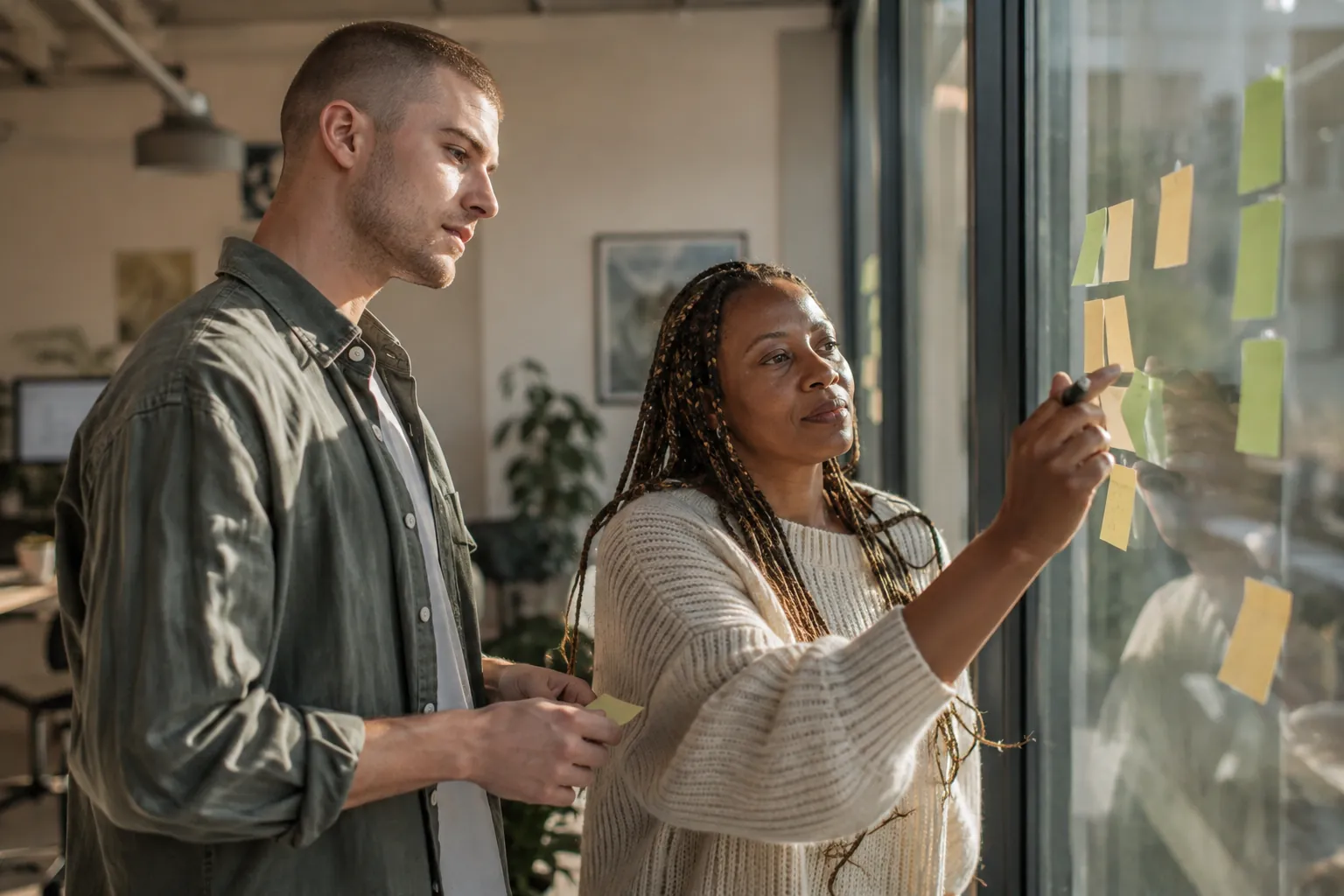 Two cofounders sorting sticky notes of story ideas on an office window