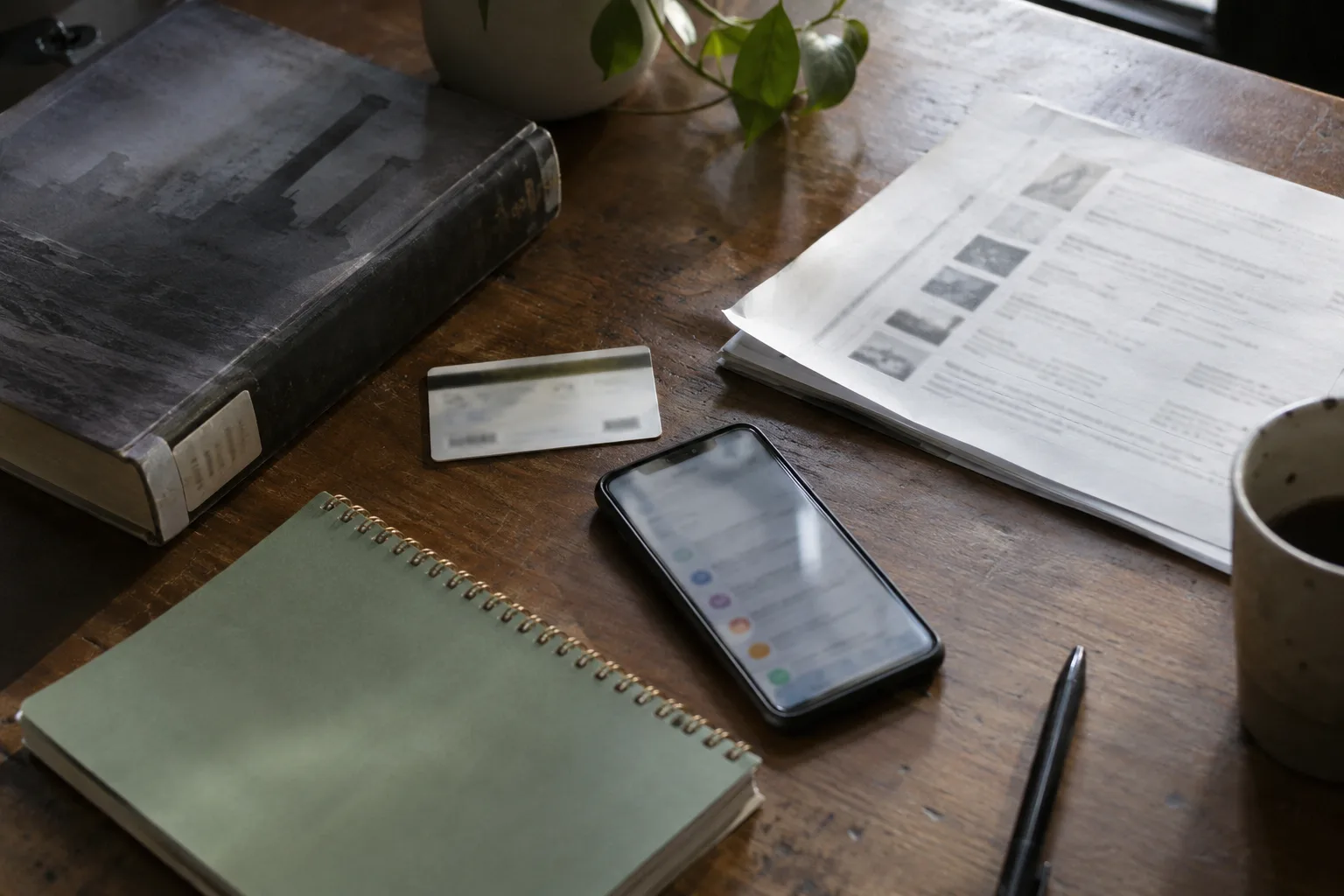 Library card, phone alerts, a printed digest, a notebook and an old media directory on a table