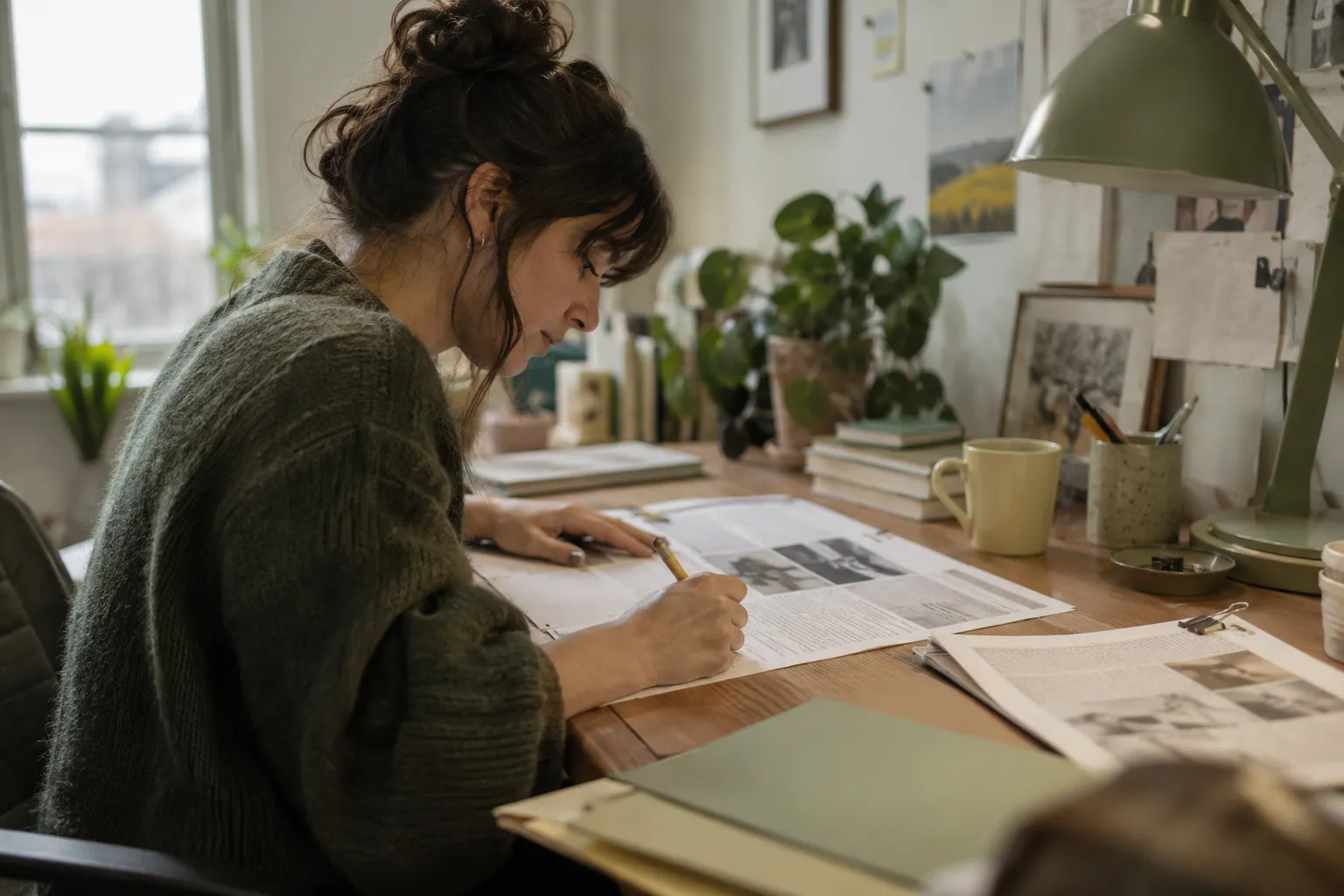 Editor marking up a printed page proof with a pencil