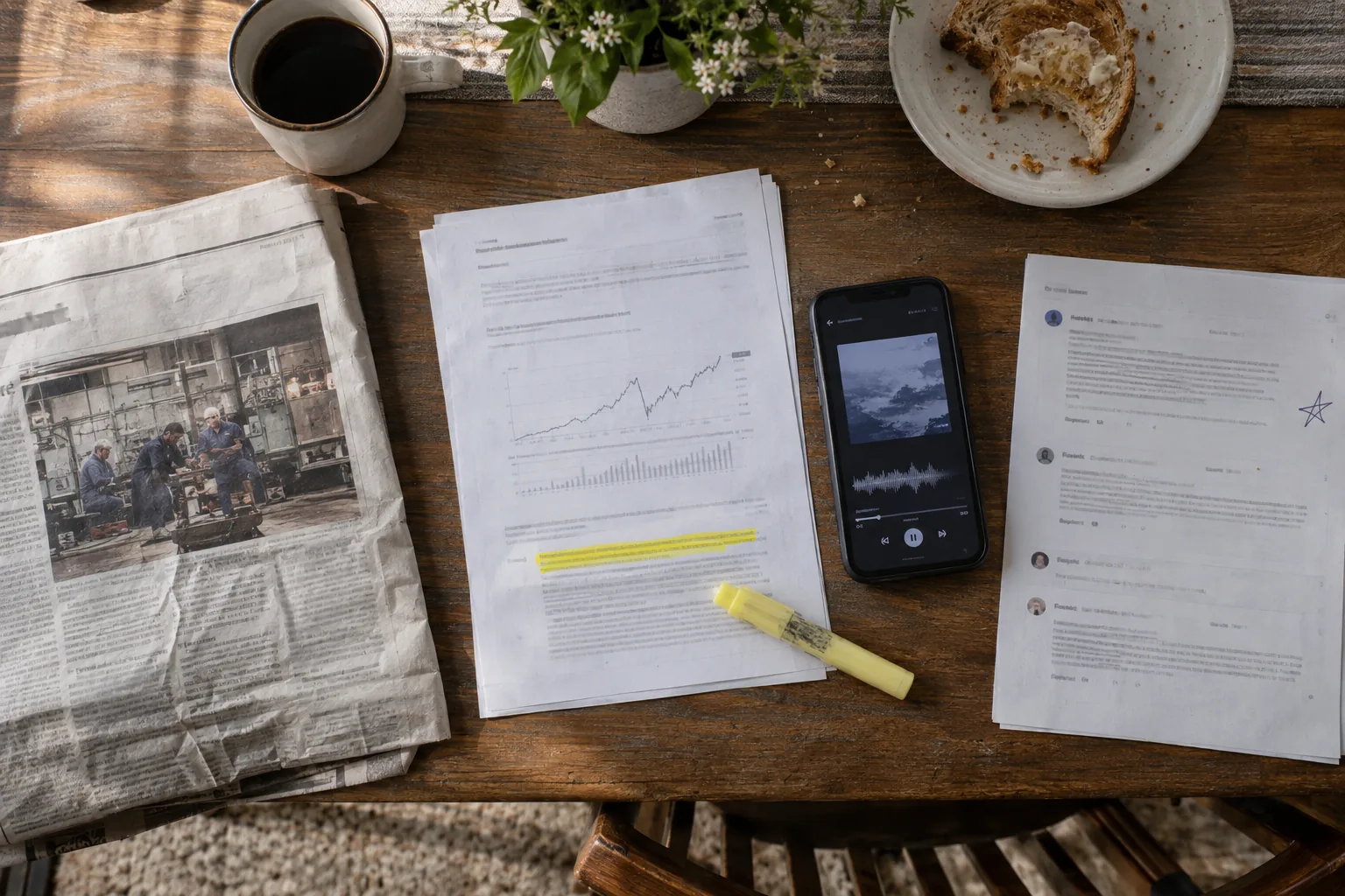 A news story, a cited report, a podcast and a forum thread on one table, four kinds of earned attention
