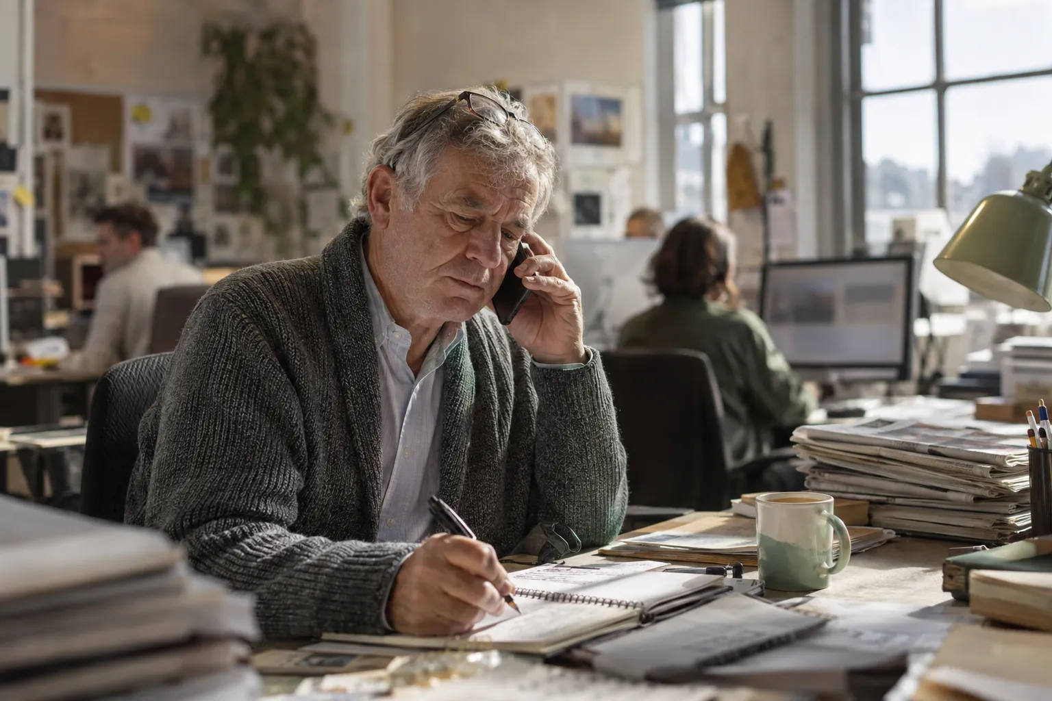 A veteran reporter taking notes during a phone interview at a newsroom desk