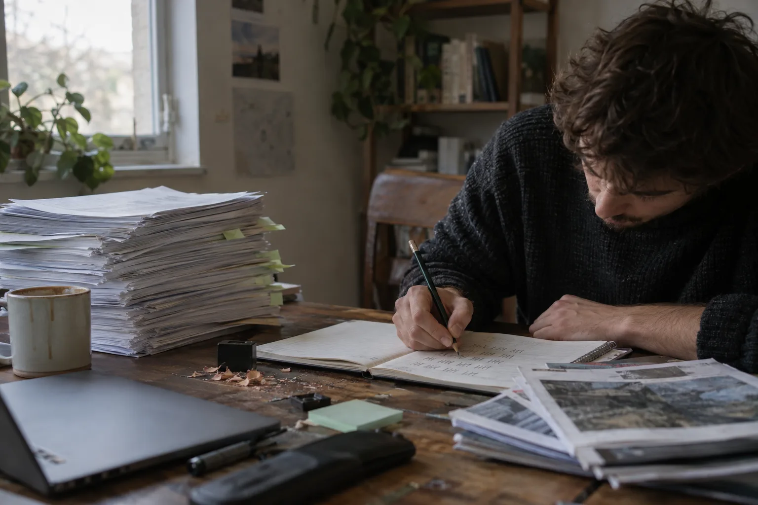 Researcher tallying printed AI answers in a notebook beside a tall stack of printouts