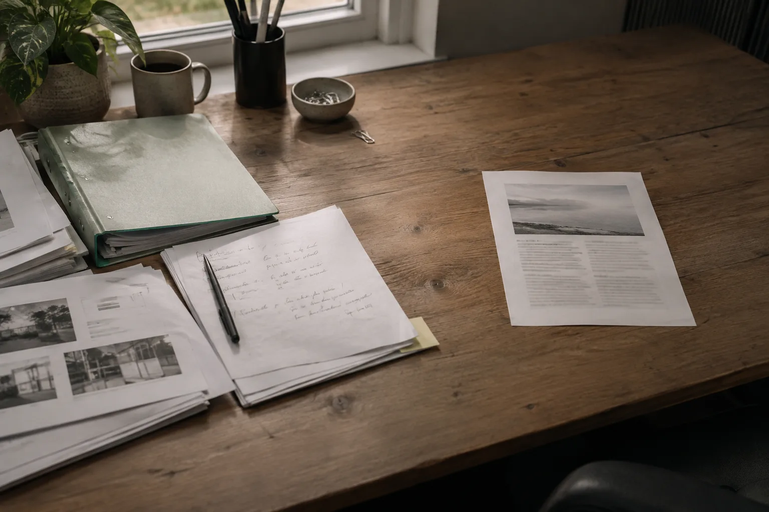 PR work notes and pitch drafts on one side of the desk, the published article on the other