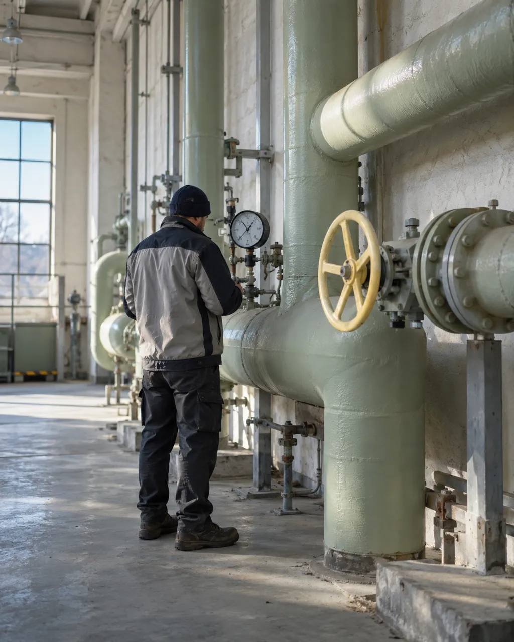 District heating plant interior with sage pipes and a technician