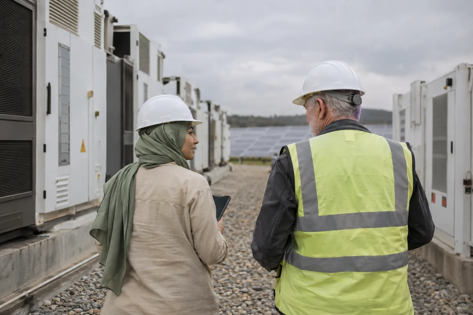 Two engineers walking between battery storage containers