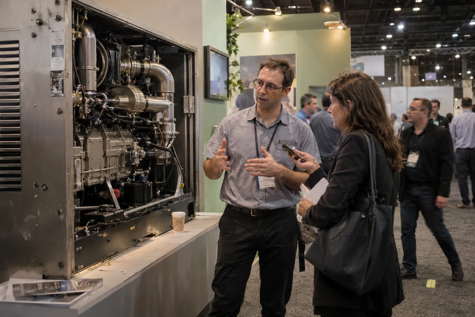 Engineer explaining an open engine unit to a reporter at an energy trade show stand