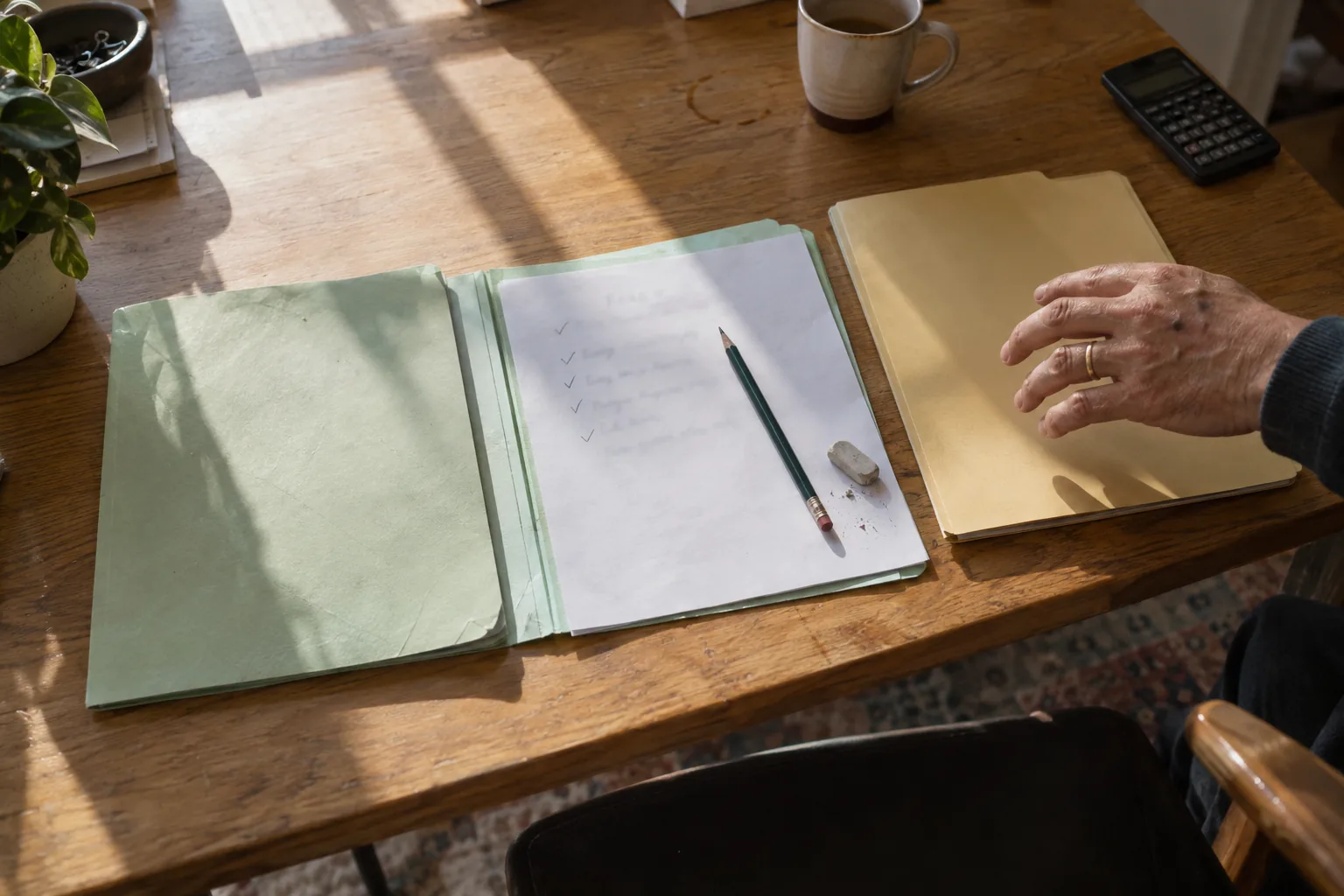 Three pastel plan folders on a desk, one open on a ticked list of goals, the three plans the estimate picks from