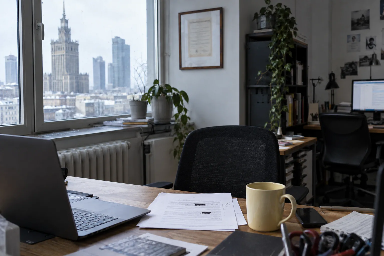 Release draft with risky claims struck out on a Warsaw startup desk, the Palace of Culture outside
