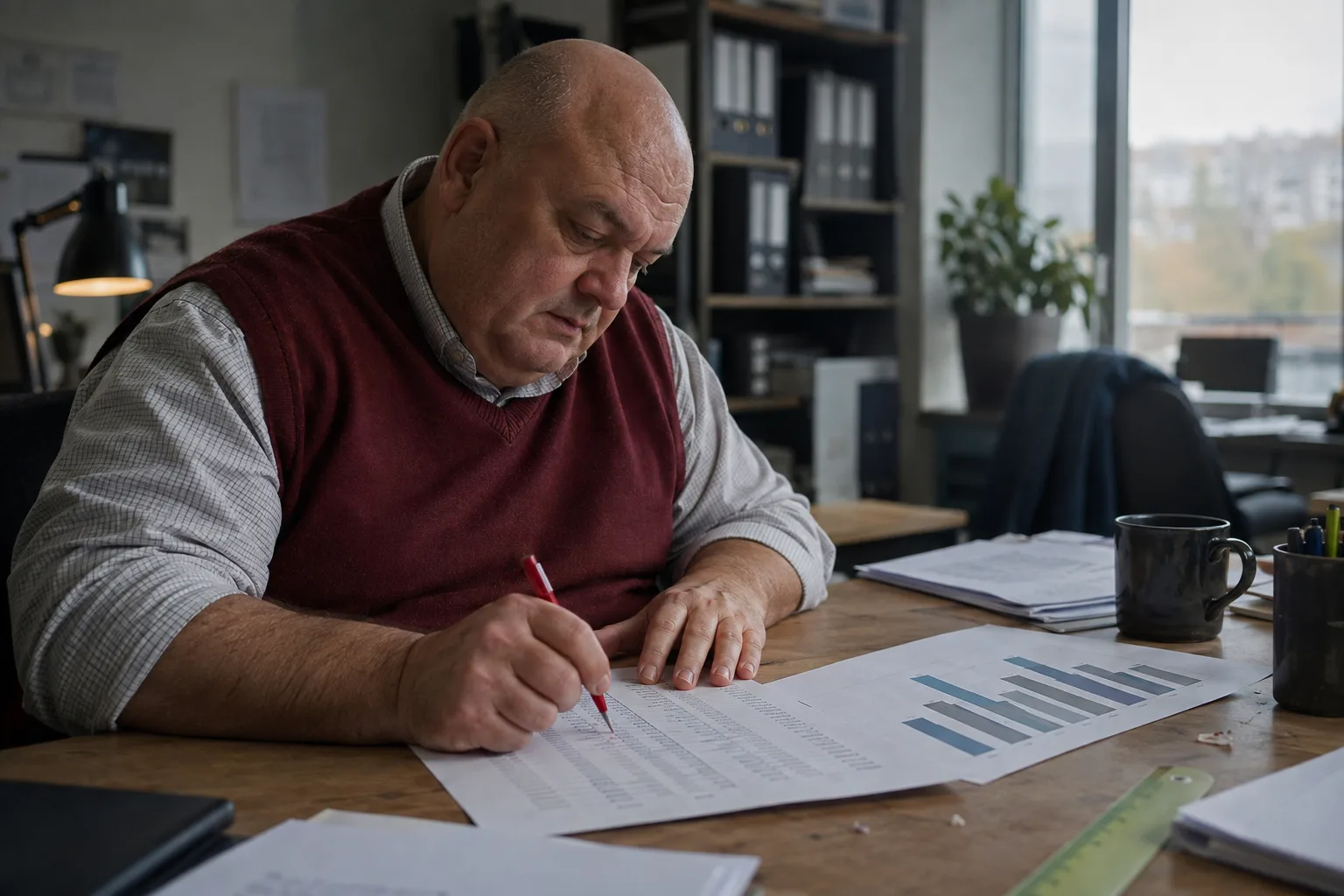 Analyst marking his own payment data on a printed chart in a quiet office