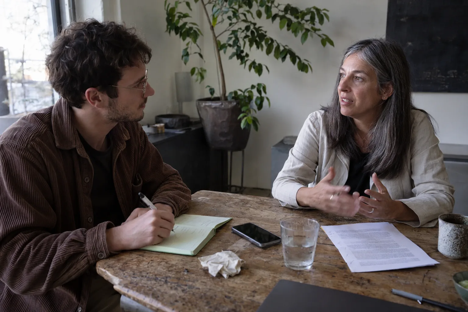 Ghostwriter taking notes while a founder talks through the story behind her next post