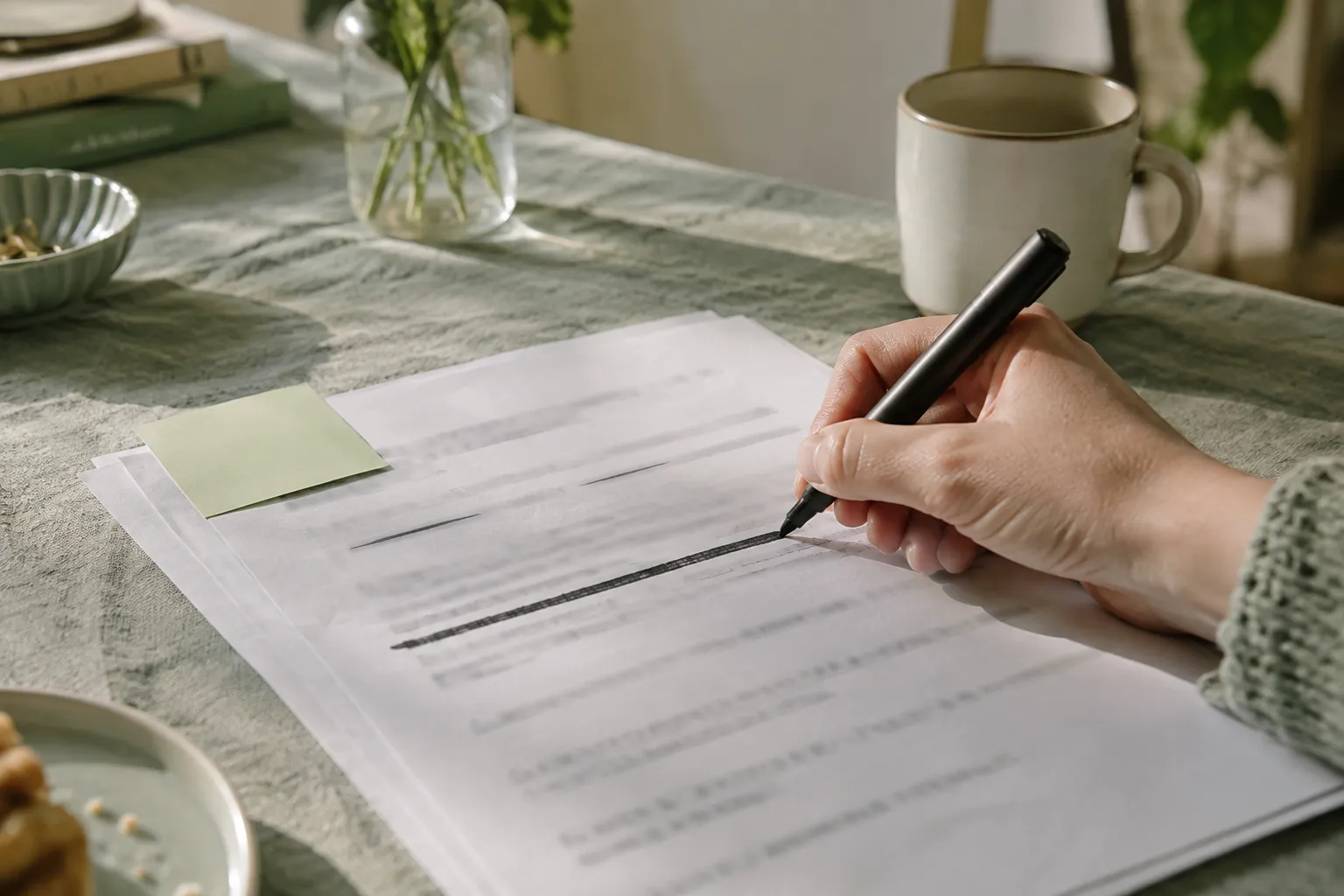 Hand striking a confidential line from a printed post draft