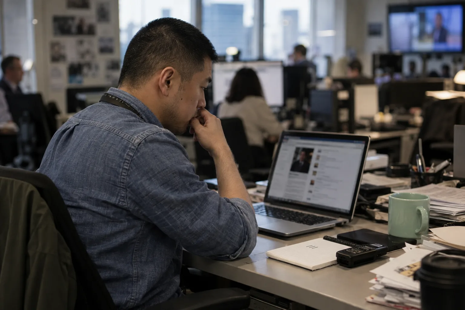 Reporter reading a founder profile on a laptop at his newsroom desk