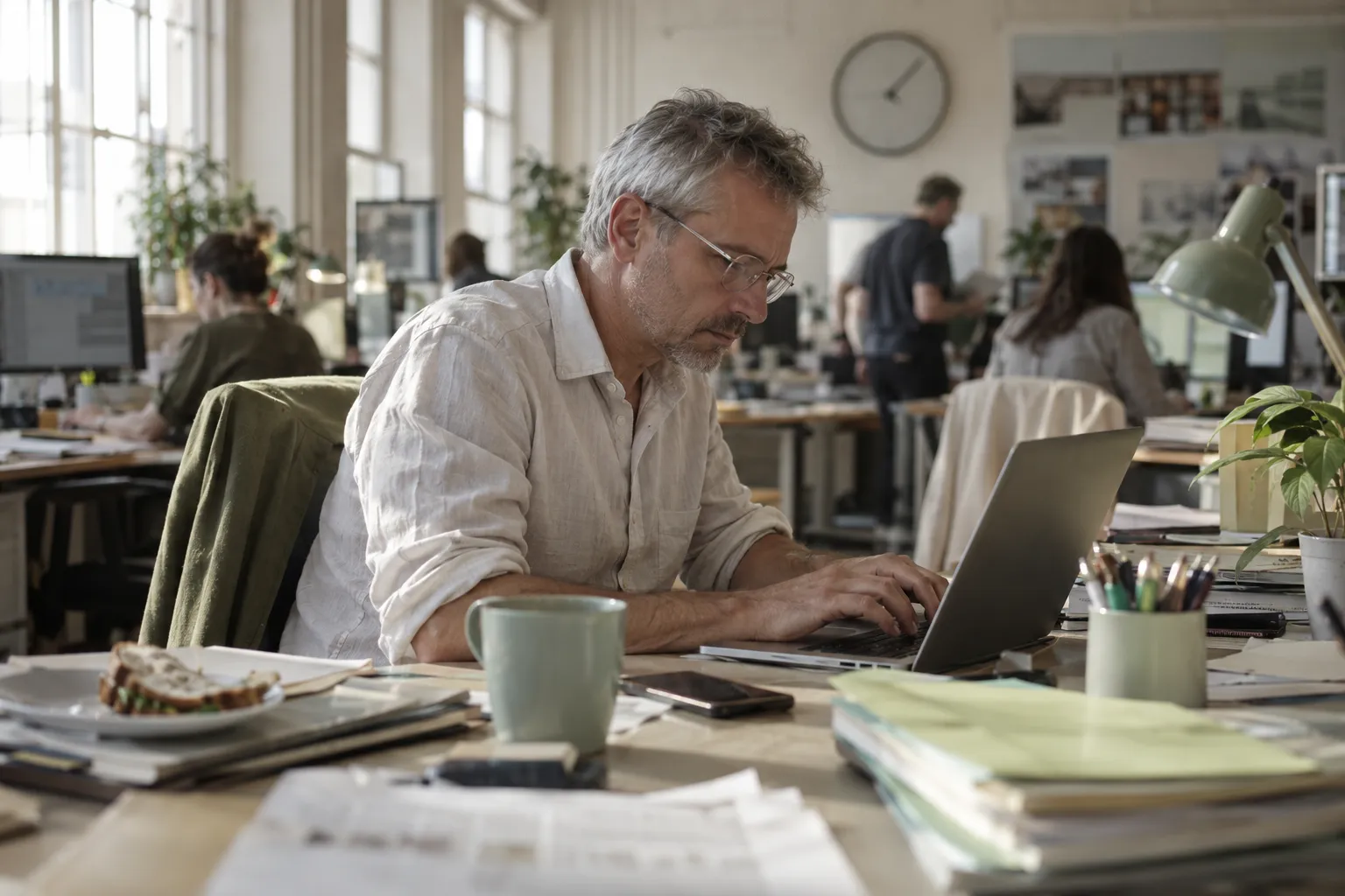 Reporter typing on deadline at a newsroom desk in the afternoon