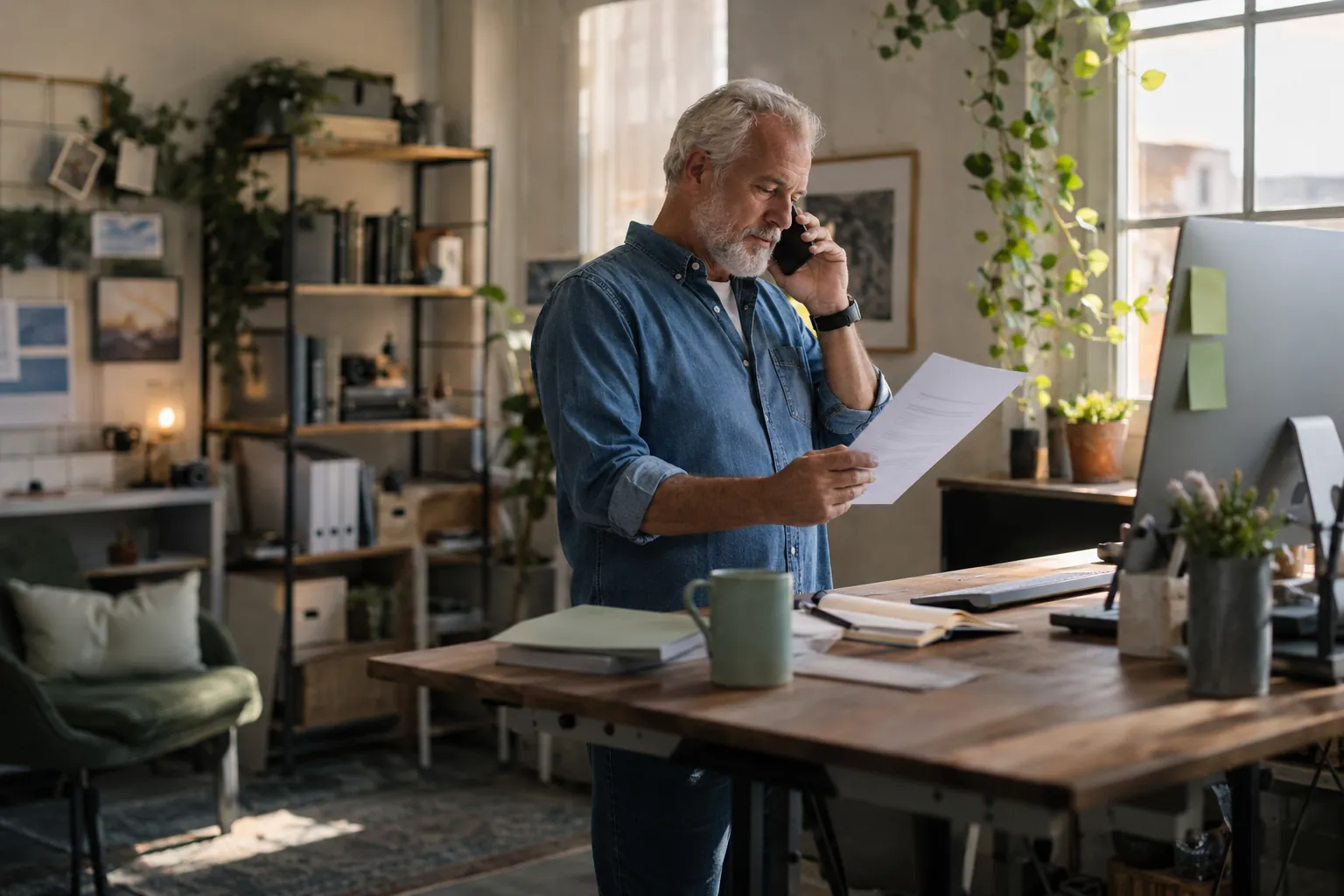 A founder on the phone with a reporter while reading a draft article