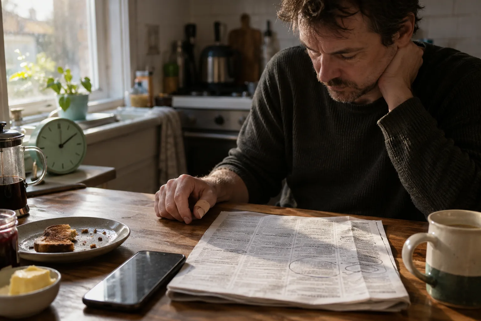 Founder at breakfast reading a printed digest of reporter requests with a few of them circled