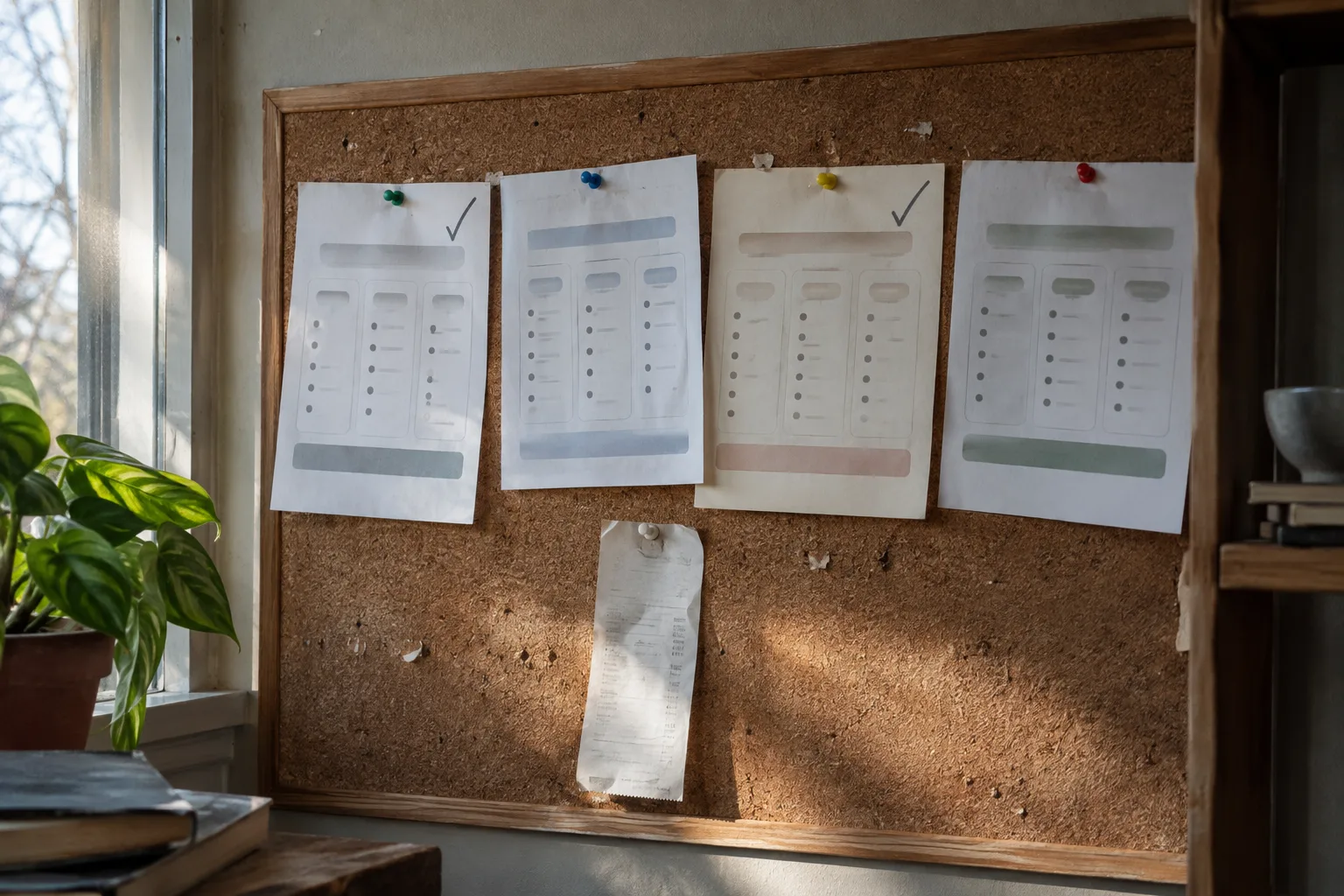 Pricing pages of four request services pinned to a cork board, two ticked