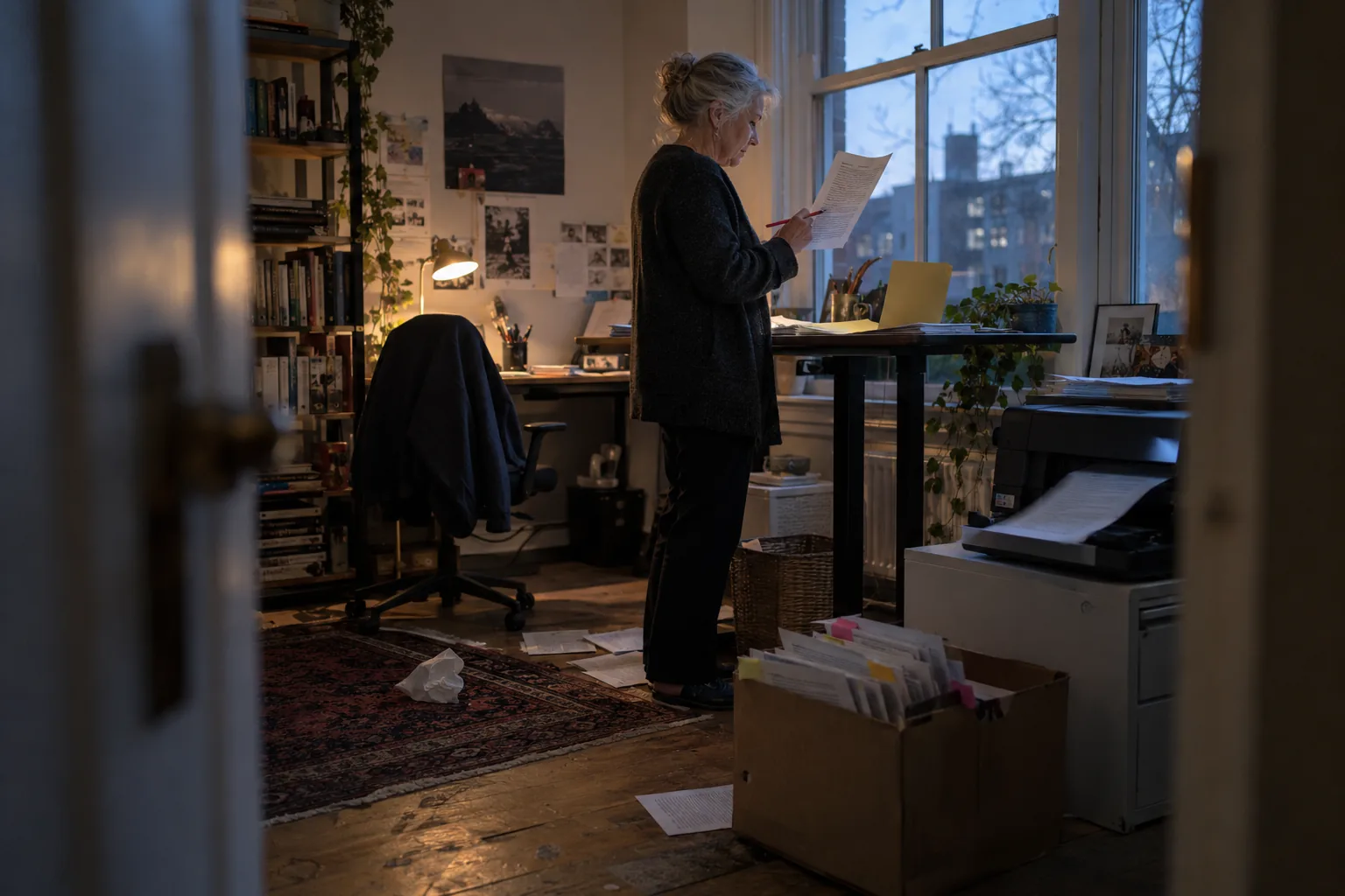 PR expert reading one printed pitch by the window, a box of drafts waiting beside the printer
