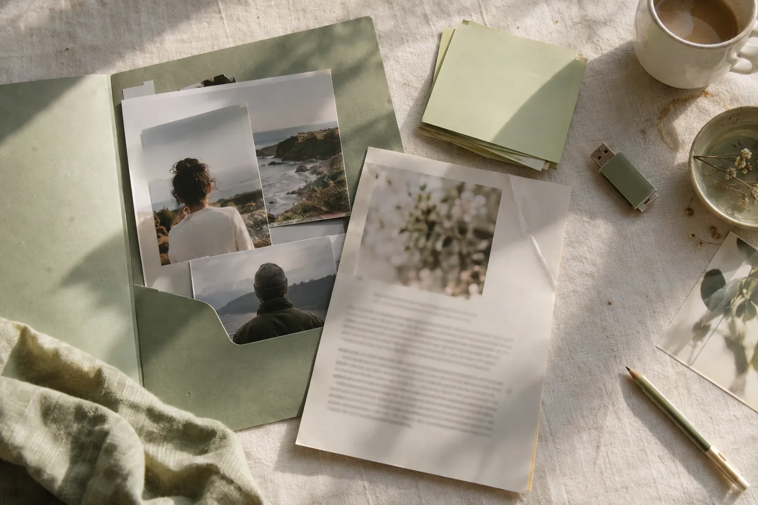 Press kit flat lay with a folder, portraits, cards and a fact sheet