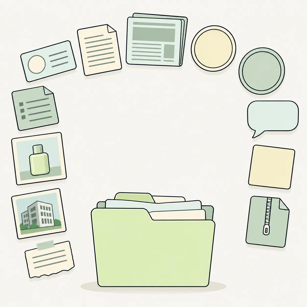 Press kit folder contents fanning out as twelve items