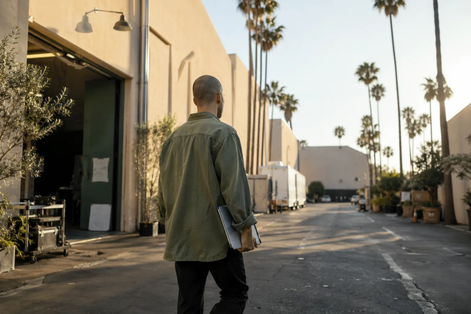 A founder walking past film lot buildings in Los Angeles