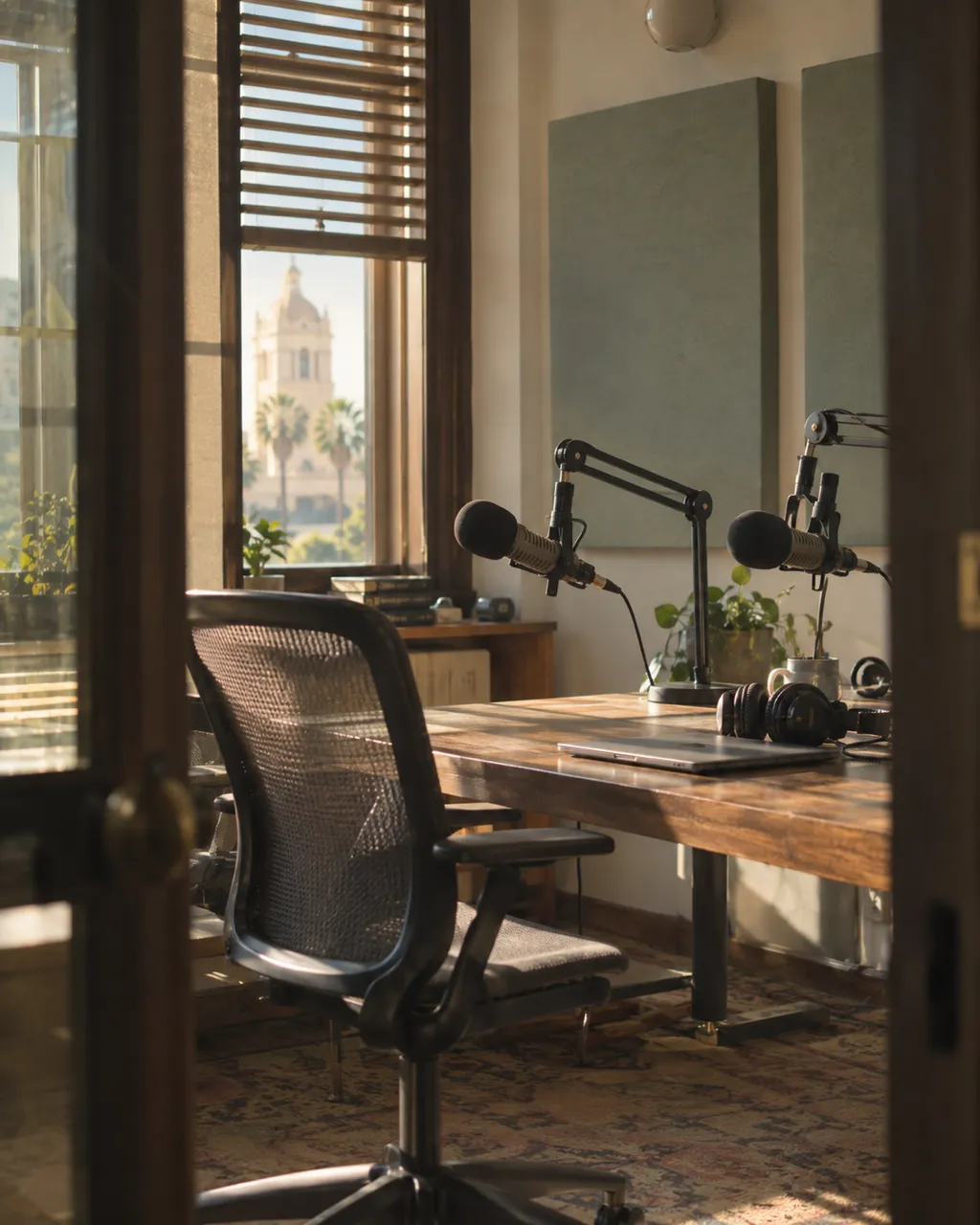 A public radio booth with two microphones and headphones on a wooden desk