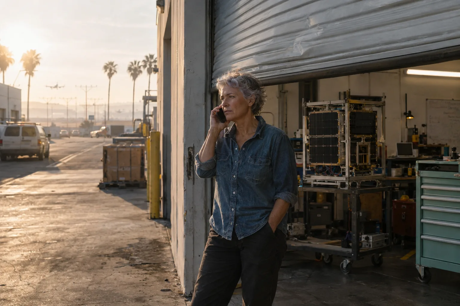 Founder on a phone call at the open roller door of an El Segundo hardware workshop