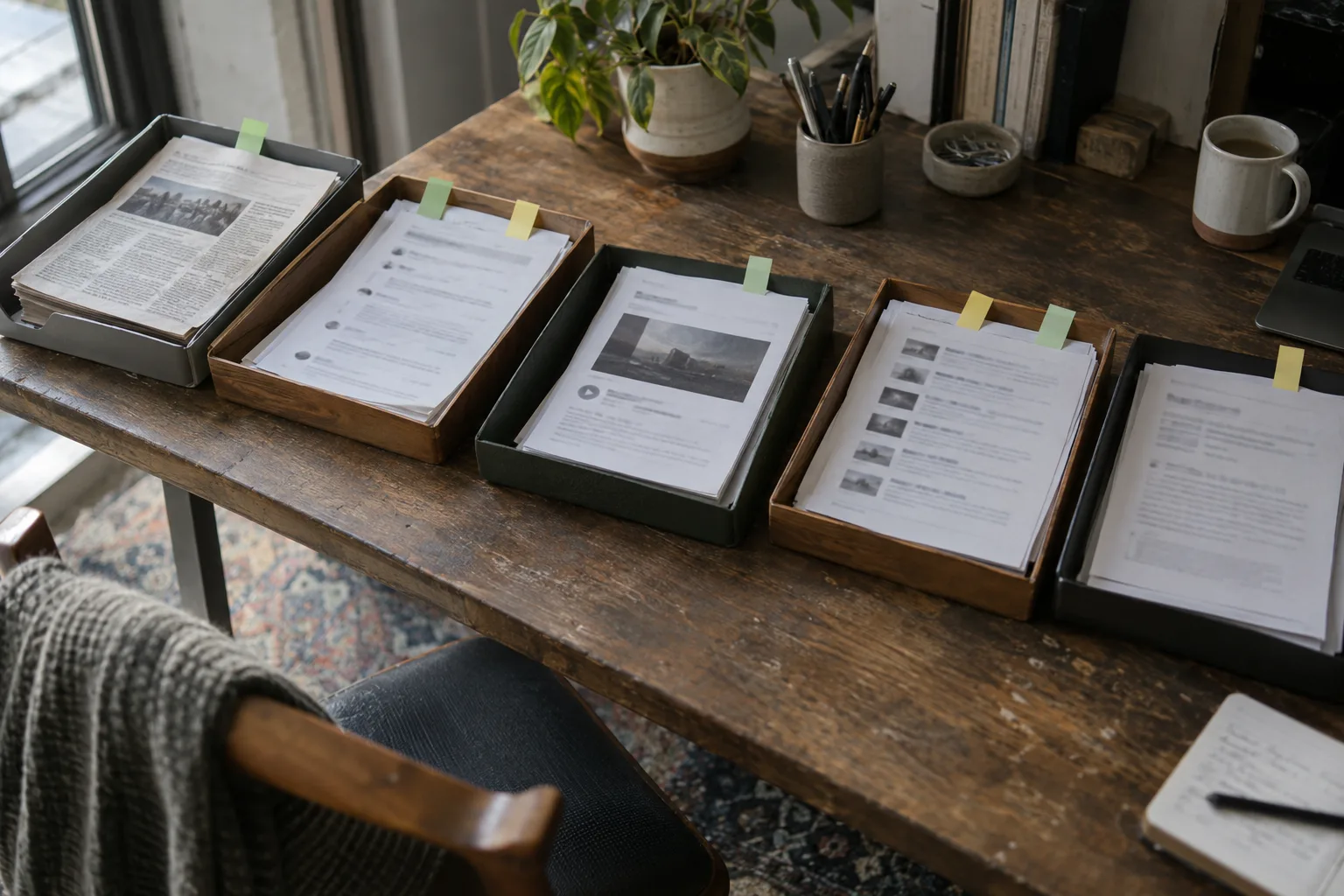 Five trays of mentions on a desk, one per source, with coloured tabs for each competitor