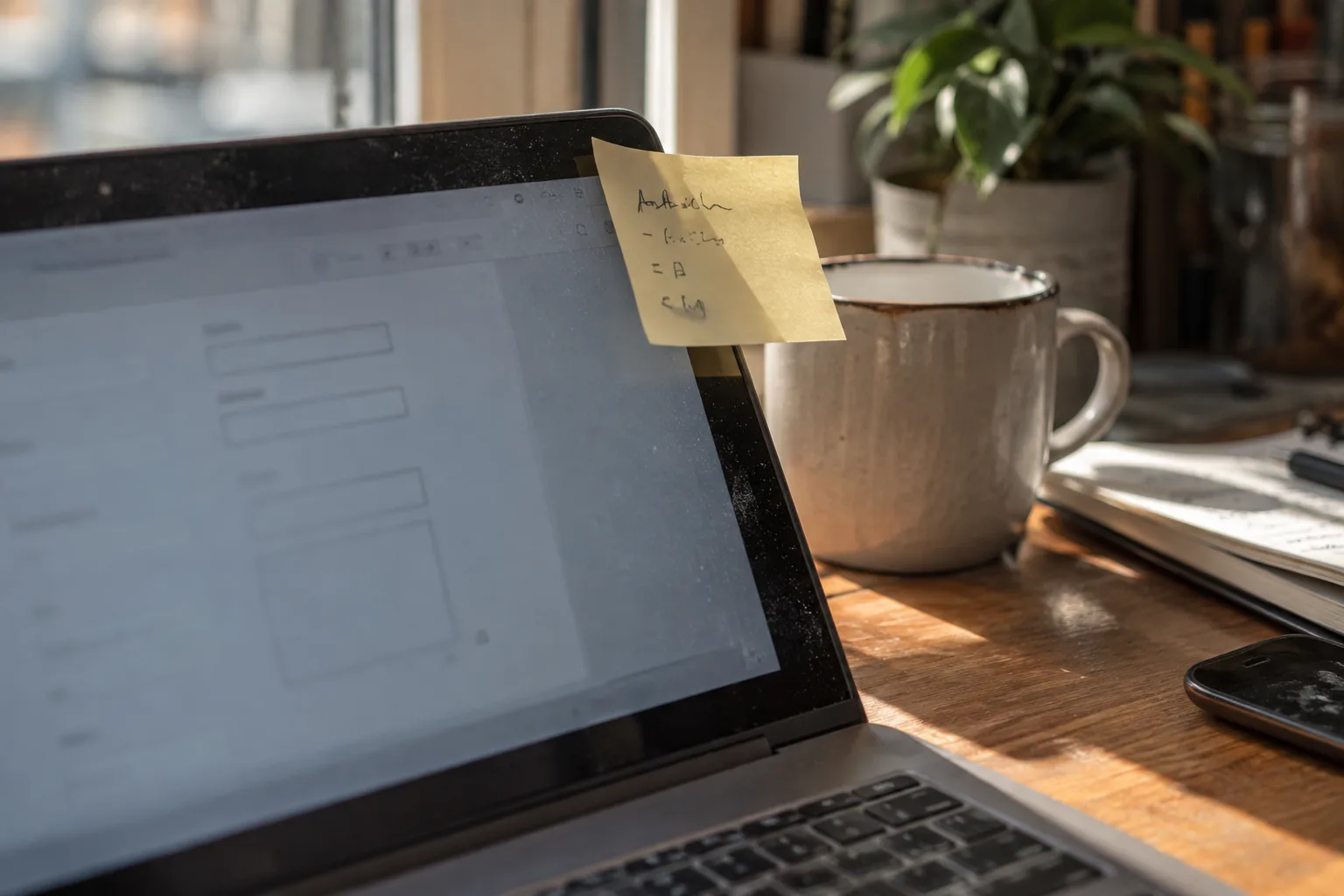 Handwritten list of brand names on a sticky note stuck to a laptop showing the check form