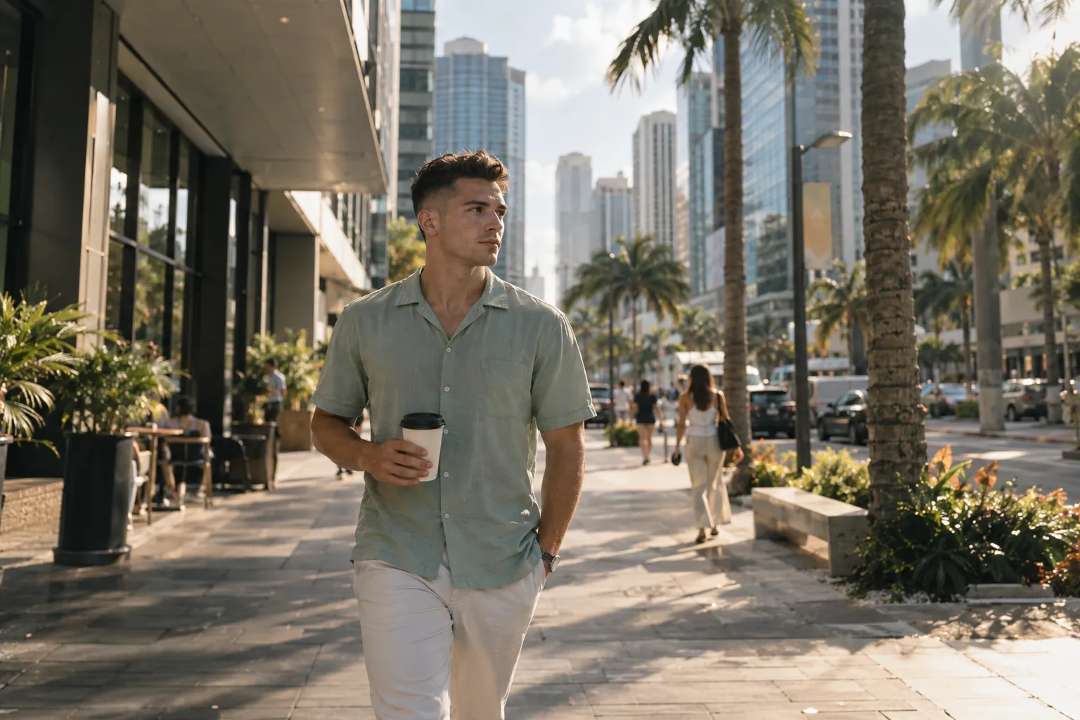 A founder walking past glass towers and palms in Miami
