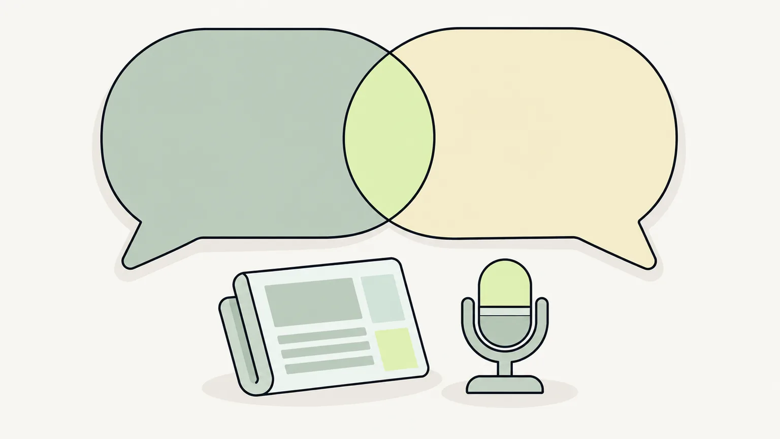 Two overlapping speech bubbles with a newspaper and a microphone below
