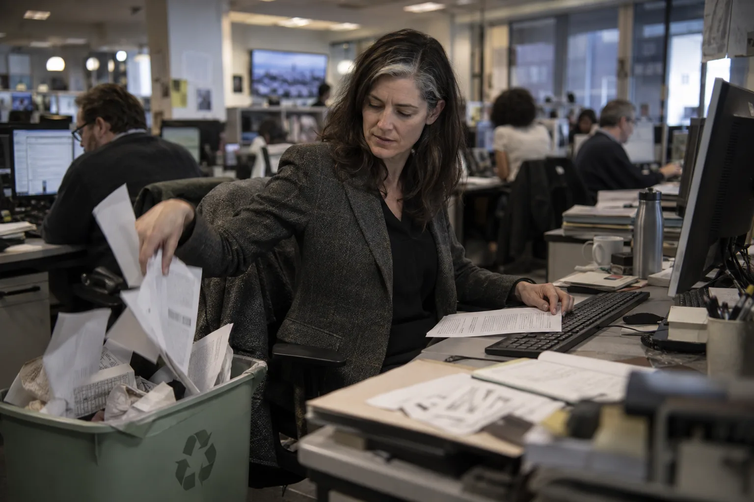 Reporter tipping off beat pitches into a recycling bin at her newsroom desk