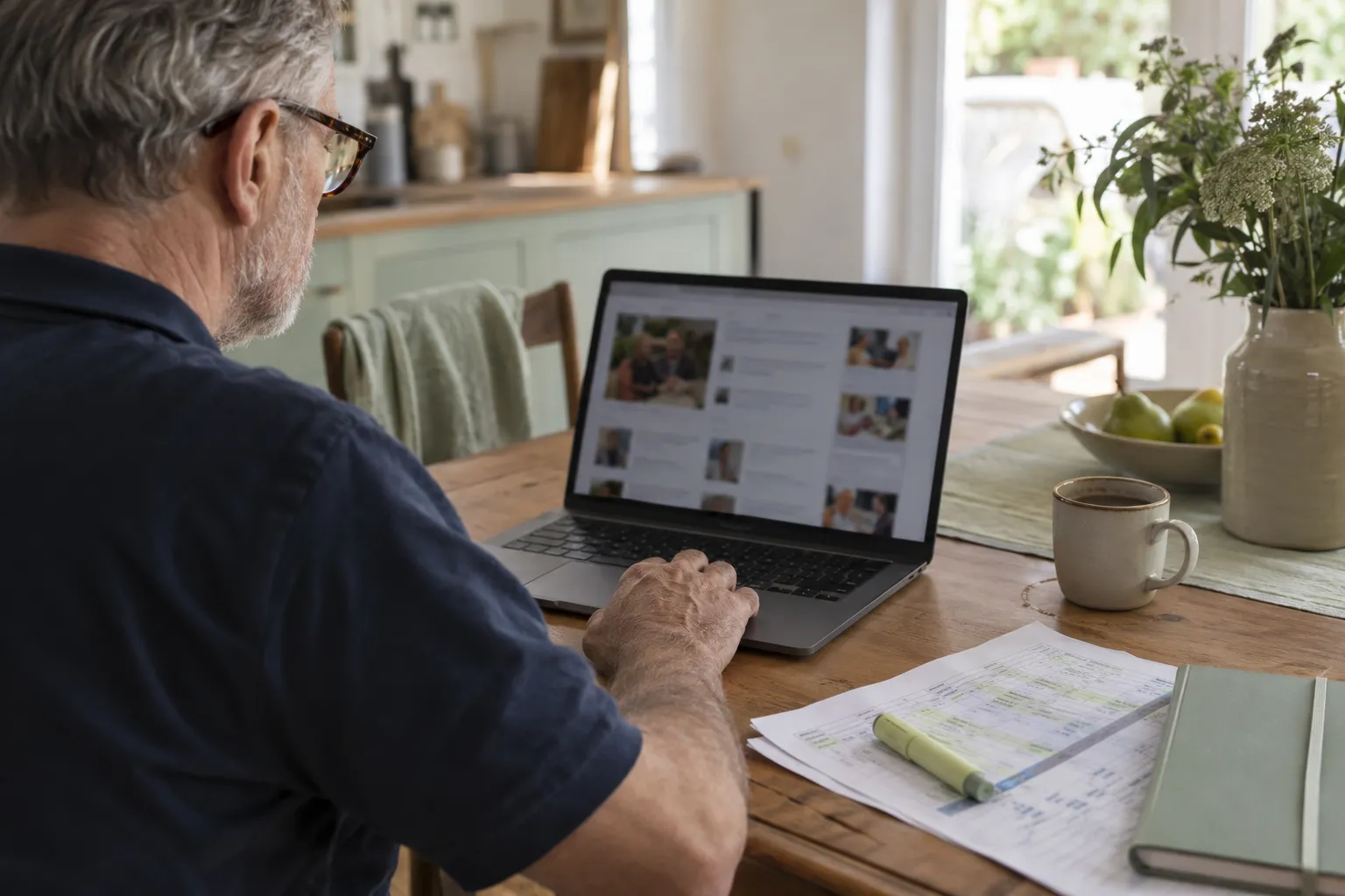 Laptop with a news site and a printed media list on a kitchen table