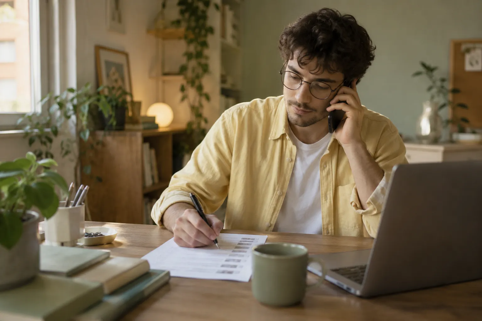 An assistant ticking names on a printed list during a phone call