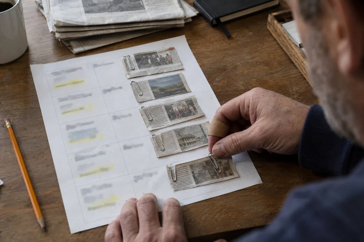 Media list printout with a press clipping clipped to each reporter row