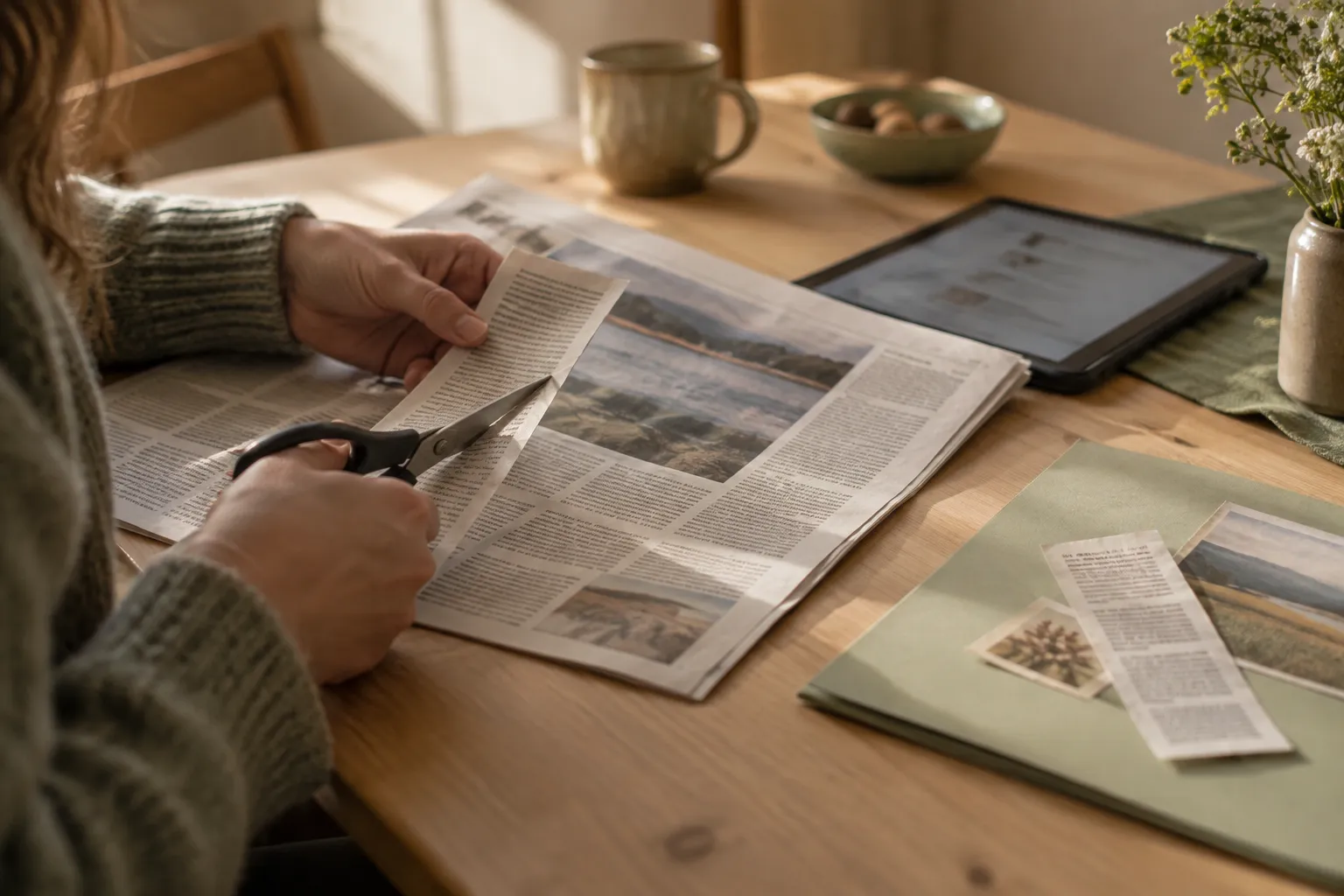 Hands cutting a press clipping next to a tablet