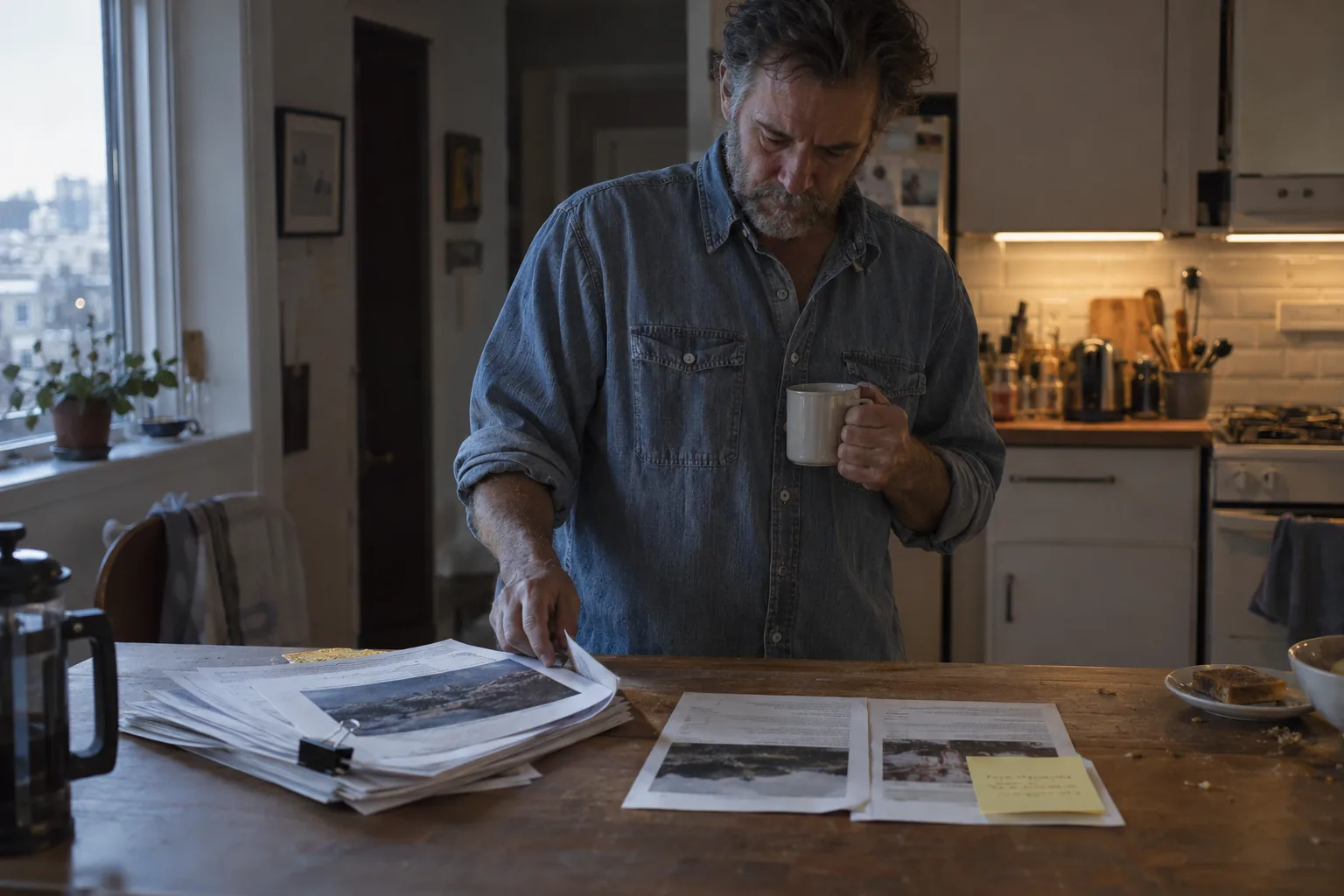 Comms lead sorting printed morning articles at a kitchen table with a coffee in hand