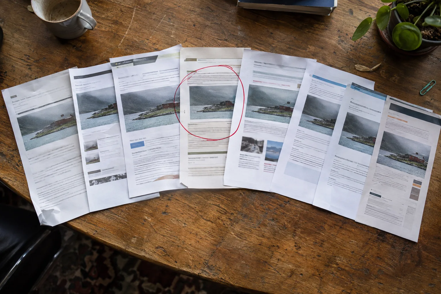 Eight printed copies of the same syndicated article with the original circled in red