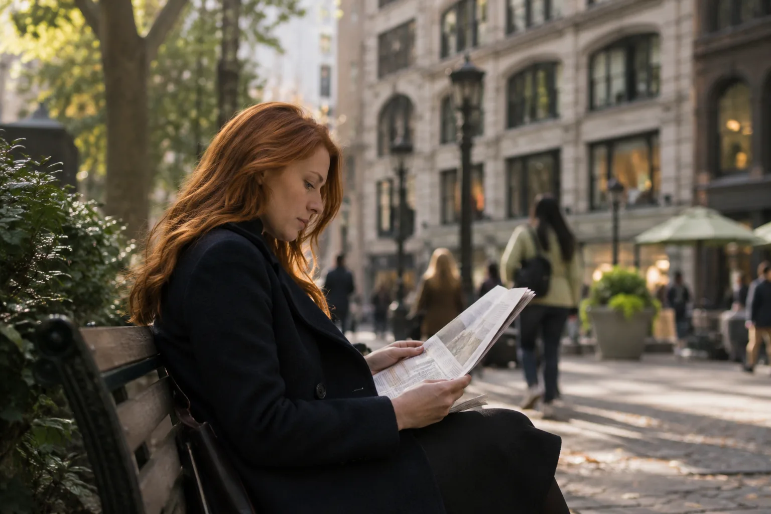 A founder reading a newspaper on a bench in a Manhattan plaza